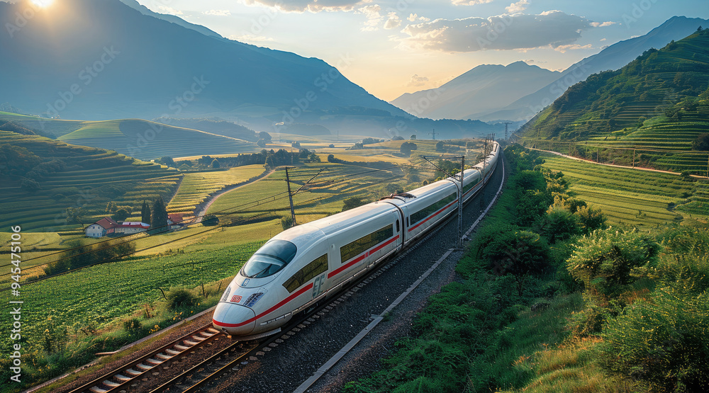 Poster an aerial view of a scenic landscape as a high-speed train passes through it. generative ai.