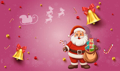 Merry Christmas illustration design with Santa Claus holding gif sack and gift boxes , Christmas day greetings. 