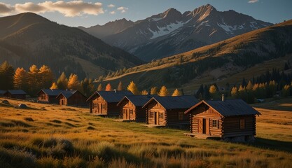 Obraz premium Serene Mountain Cabins at Sunset
