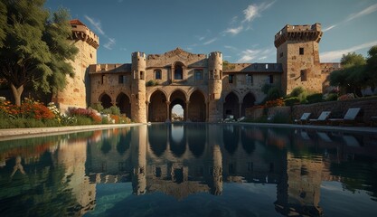 Fototapeta premium Majestic Castle Reflected in Pool