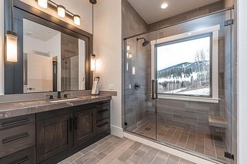 A contemporary bathroom featuring a sleek walk-in shower with a mountain view. The bathroom is well-lit with natural light and includes a large vanity with a granite countertop