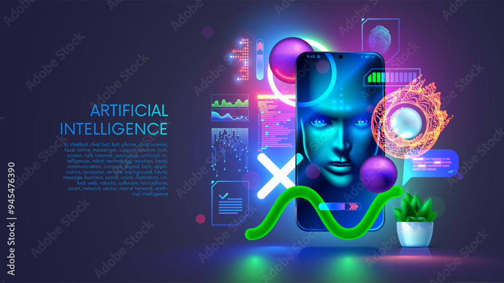 Poster AI chatbot in image robot or cyborg holding in hand message bubbles. Online AI chat bot talk through messenger with user. Technical support bot, internet assistance with artificial intelligence or AI