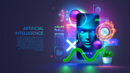 AI chatbot in image robot or cyborg holding in hand message bubbles. Online AI chat bot talk through messenger with user. Technical support bot, internet assistance with artificial intelligence or AI