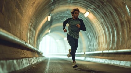 A man is hastily running through a long tunnel that is completely dark