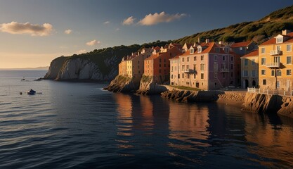 Fototapeta premium Serene Coastal Village at Sunset