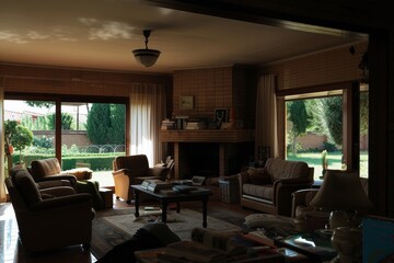 A dimly lit living room with comfortable armchairs, a fireplace, and a view of a lush green garden through large windows