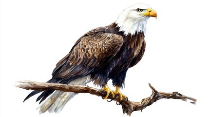 Obraz premium Bald Eagle Perched on Branch Watercolor Illustration