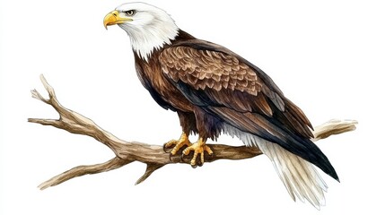 Fototapeta premium Watercolor Illustration of Bald Eagle Perched on Branch