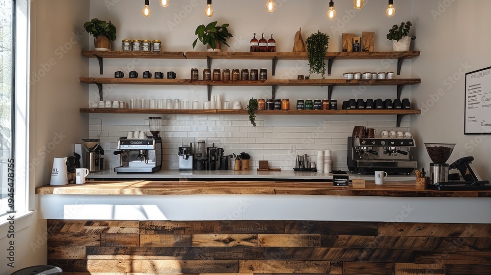 Poster coffee shop with some different height wooden accent shelves on white wall behind the counter. gener