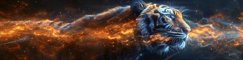 Panoramic header; fierce tiger emerges from cosmic fire and smoke, showing power and determination in space; animal symbol of strength, cosmic energy and freedom
