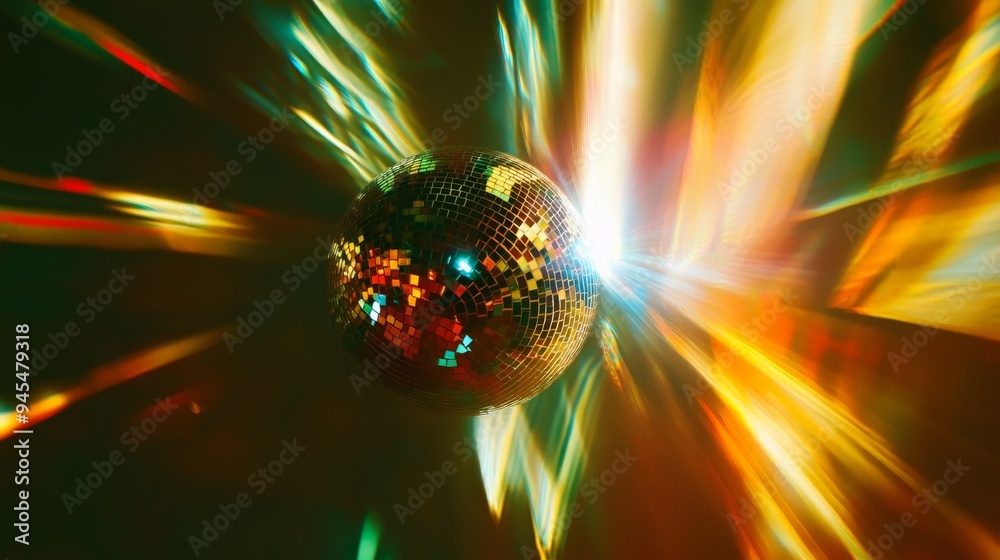 Poster a dazzling image featuring a disco ball reflecting golden light beams in various directions, creatin