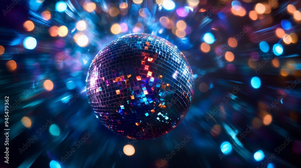 Poster an engaging image showcasing a colorful disco ball, highlighted by sparkling reflections in a variet