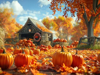 Obraz premium A cozy autumn scene featuring a rustic barn surrounded by pumpkins and colorful fall foliage, perfect for a seasonal celebration or harvest theme.