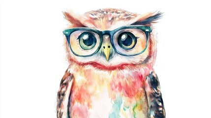 Fototapeta premium Watercolor Owl with Glasses Bird Portrait Illustration