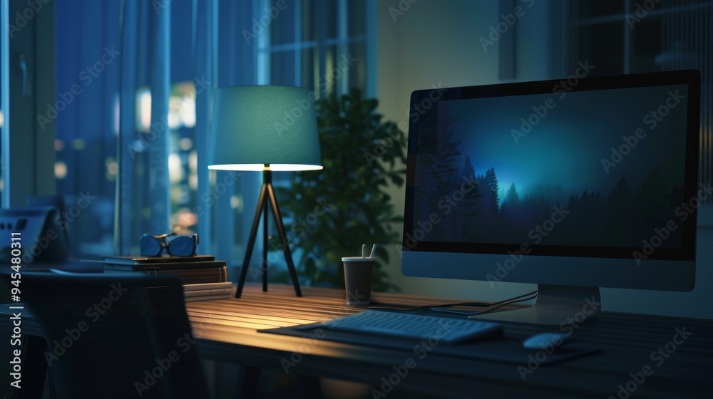 Poster A computer desk with a lamp and a computer monitor