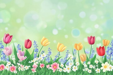 Spring floral background with colorful grass and wildflowers.
