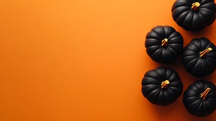 Minimalist black Halloween pumpkins on the orange backdrop with clean space