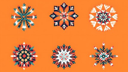 Christmas-themed snowflake vectors with bold patterns and bright colors