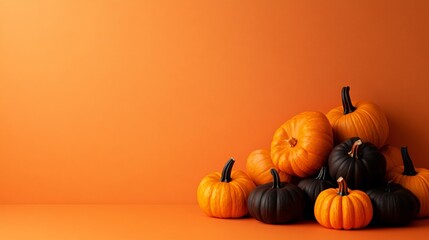 Minimalist Halloween design with an orange backdrop and a small cluster of black pumpkins in the bottom corner, with ample space for text