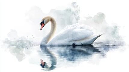 Watercolor Swan on a Lake with Reflection