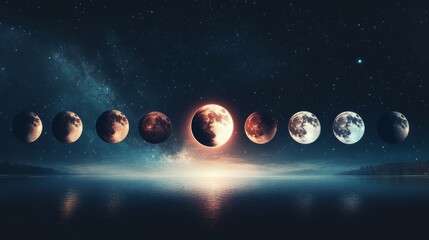 Phases of the Moon Over a Still Lake.