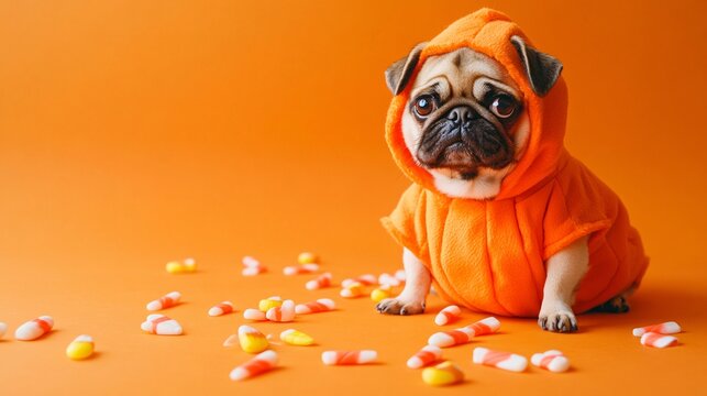 An adorable pug dressed in a pumpkin costume, sitting on an orange background with scattered candy corn and ample space for text