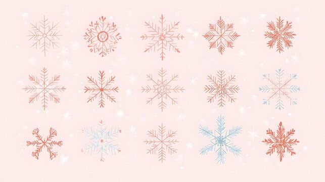 Minimalist snowflake vectors arranged in a Christmas pattern with soft colors and simple designs