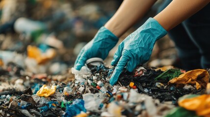 Obraz premium Close-up of hands sorting through garbage.
