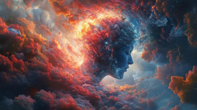 kaleidoscopic mind expansion surreal digital illustration of human head exploding into swirling vortex of colorful thoughts memories and emotions represents creativity and consciousness