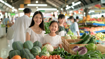 Asian woman and a child are smiling at the camera in front of a vegetable stand