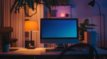 A computer monitor sits on a desk in a dimly lit room