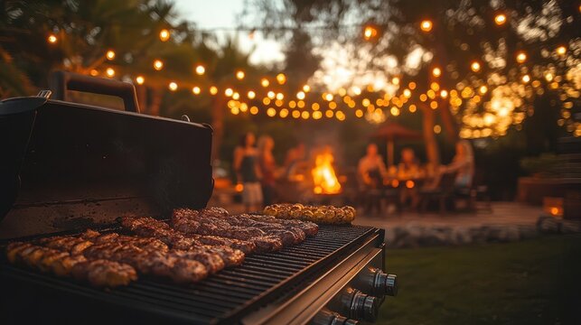 lively backyard barbecue at sunset diverse group of friends gathered around grill string lights and tiki torches create warm ambiance