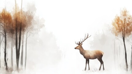 Obraz premium Watercolor Deer in Winter Forest Landscape