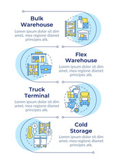 Industrial buildings types infographic vertical sequence. Real estate. Warehouse and storage. Visualization infochart with 4 steps. Circles workflow. Montserrat SemiBold, Lato Regular fonts used © bsd studio