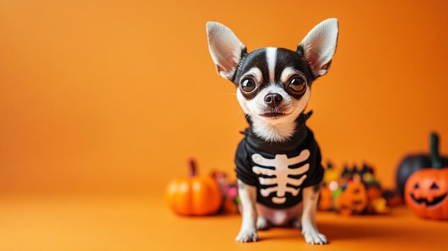 A small chihuahua in a skeleton costume, posed on an orange background with Halloween decorations and ample room for text