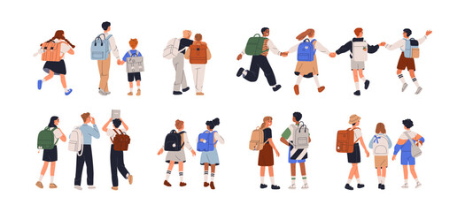 Back to school set. Children students holding hands, walking together, rear view from behind. Kids groups, classmates, friends with backpacks. Flat vector illustration isolated on white background