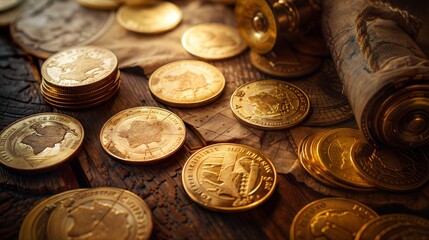 Ancient Treasure Chest with Historic Gold Coins and Old World Map