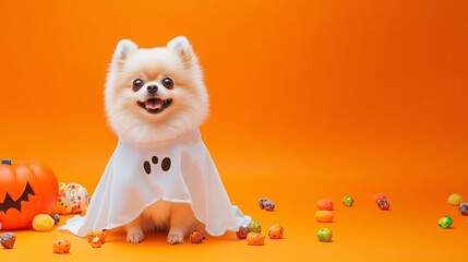 An adorable Pomeranian in a ghost costume, standing on an orange background with scattered Halloween candy and room for text