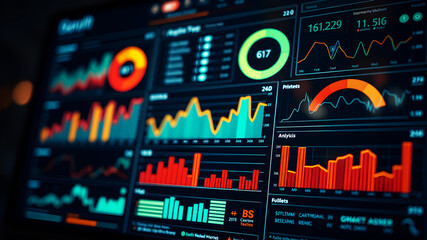 A stylized data dashboard interface with graphs, charts, and analytics metrics