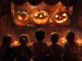 Children watching illuminated jack-o'-lanterns at night during a spooky Halloween celebration.