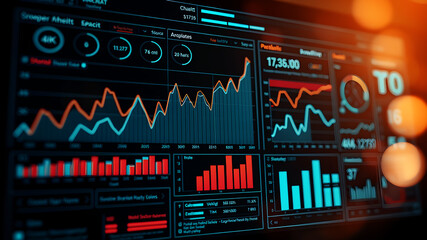 A stylized data dashboard interface with graphs, charts, and analytics metrics