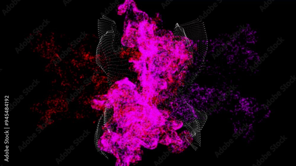 Poster Abstract fluid collision red and purple animation on a black background. Red and purple particles blend with fluid motion. Collision of two multicolored streams of particles