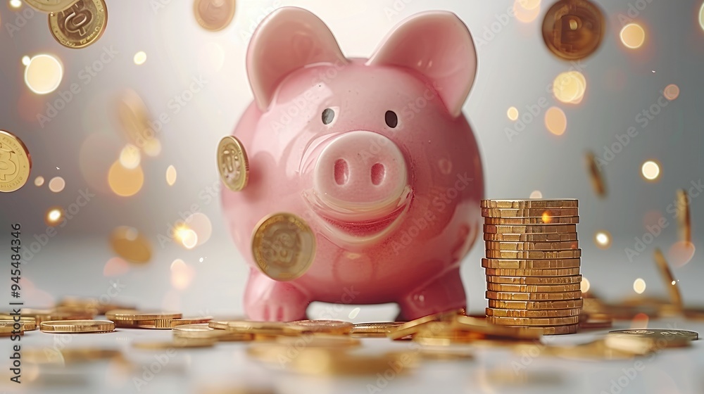 Aufkleber pink piggy bank with coins falling in and a stack of golden money on a white background. generative 