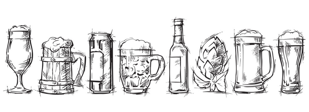 Set of beer glasses, mugs and bottle. Beer house. Sketch vector engraving illustration for web, poster, invitation to party. Hand drawn design element isolated on white background.
