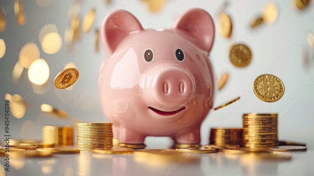 Poster pink piggy bank with coins falling in and a stack of golden money on a white background. generative 
