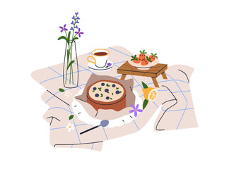 Picnic setting with pie, tea, fresh berries, fruits in cozy, cottagecore style. Cake, cheesecake, sweet bakery, flowers in vase on cloth, blanket. Flat vector illustration isolated on white background