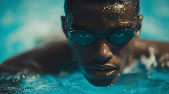 Closeup portrait of African American male swimmer, muscular guy, professional athlete, confident sportsman, handsome young man with googles swimming in pool, healthy lifestyle, training and exercising