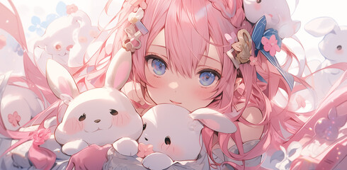 cute anime girl with vibrant pink hair, wearing a pastel-colored dress and holding a small bunny