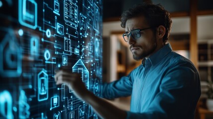 Man Interacting with Smart Home Technology Interface