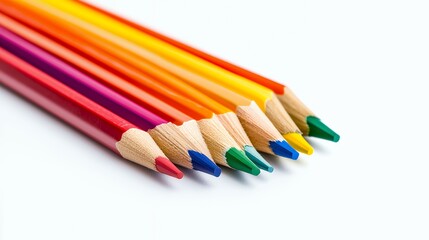 Fototapeta premium A row of colored pencils arranged in a gradient from red to green on a white background.